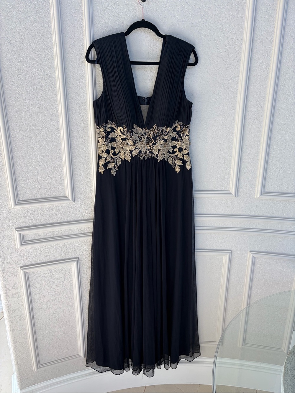 Betsy & Adam Black Maxi Dress with Gold Floral Embroidery